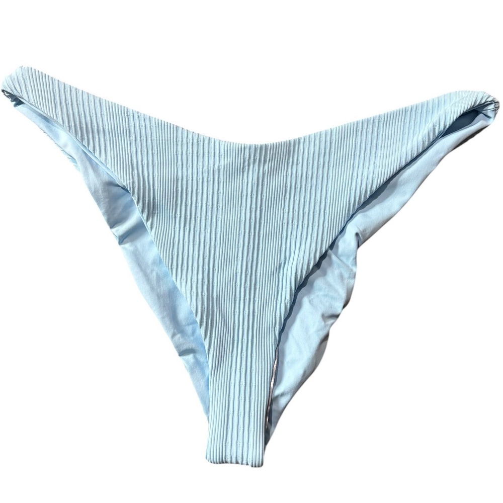 L*Space Bitsy Cut Ribbed V-Front High Leg Bikini Bottoms Light Blue XL NWOT